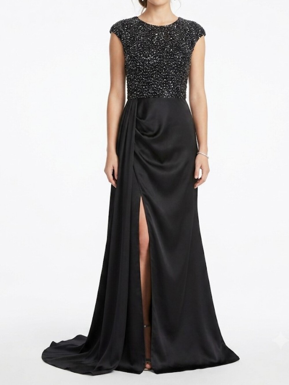 Faeriesty Women Sixe XL Elegant Black Beaded Cap-Sleeve Prom Gown
